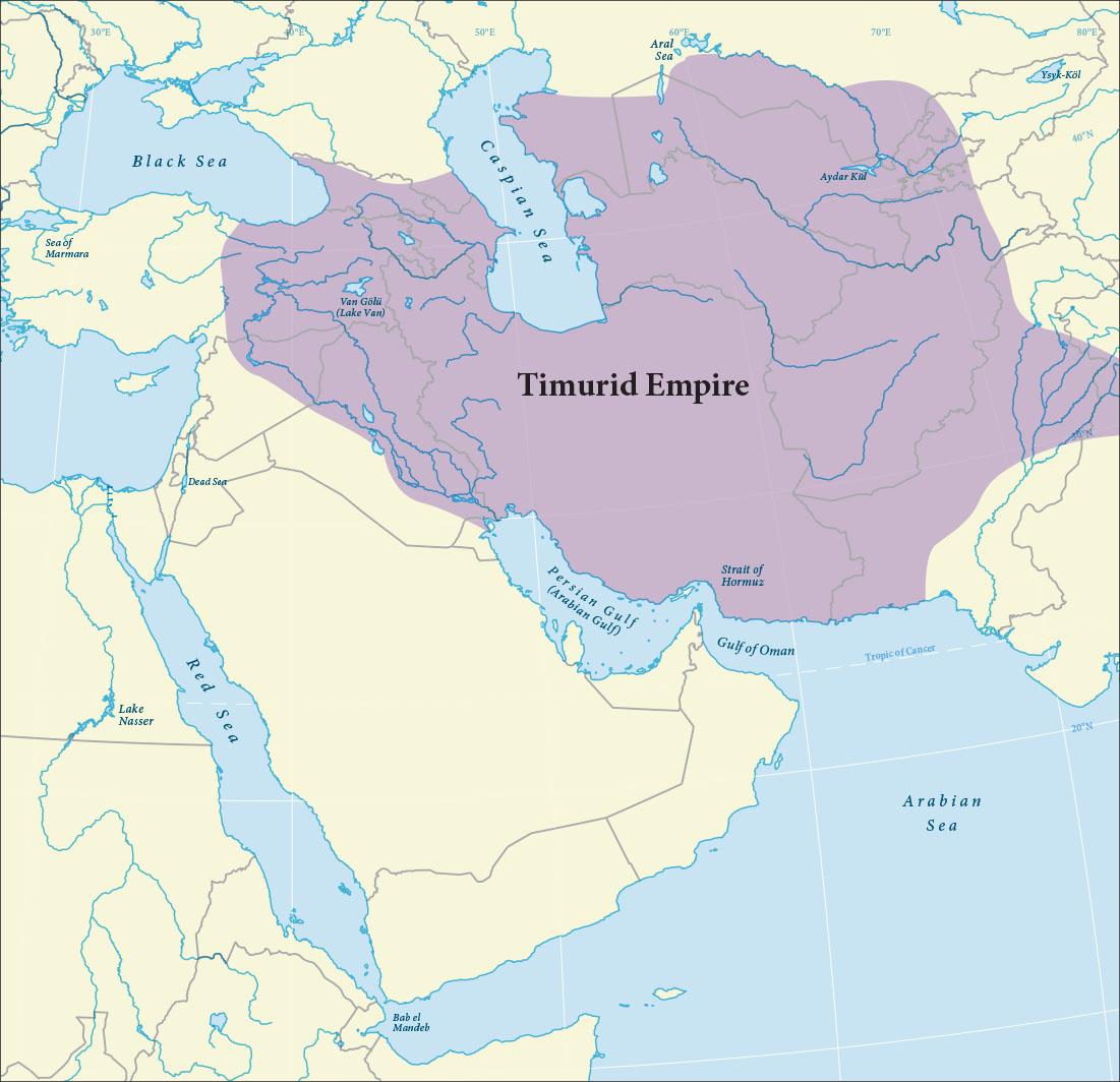 A map is shown of land highlighted in beige and water highlighted in blue. White lines crisscross the water and blue and gray lines run in various directions all over the beige lands. A white dashed line in the middle of the map runs across the water and is labelled “Tropic of Cancer.” The Black Sea, the Sea of Marmara, and Van Golu (Lake Van) are labelled in the northwest of the map, while the Caspian Sea and the Aral Sea are labelled in the north with the Aydar Kul and the Ysyk-Kol in the northeast. Lake Nasser, the Red Sea, the Persian Gulf (Arabian Gulf), Strait of Hormuz, Gulf of Oman, Arabian Sea, and the Bab el Mandeb are labelled in the south. A large expanse of the map is highlighted purple and labelled “Timurid Empire.” The purple highlighted area runs from the southeast corner of the Black Sea in the west to almost the end of the map in the east, from the Aral Sea in the north down to the Persian Gulf (Arabian Gulf) and the Gulf of Oman in the south.