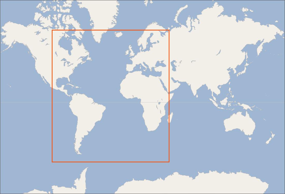 A map of the world is shown. A red box highlights all of South America, the eastern half of North America, nearly all of Africa, Iceland, all of Europe and the southern tip of Greenland.