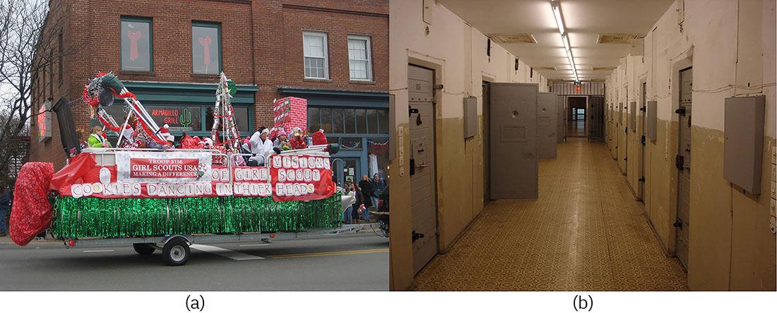 Figure a shows a float made by Girl Scouts. Figure b shows the hallway of a correctional facility.