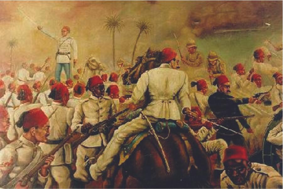 The image shows a crowd of men of various races, all holding guns, swords, rifles, or other weapons, looking angry, with some fighting. Most wear white military uniforms with a red hat, but two men at the top right of the drawing wear a brown combat uniform and helmet. In the middle, a man riding a horse has his back to the viewer. He is dressed in a white military uniform and red hat, sword in his right hand. One man at the top left stands above the crowd wearing a white military coat with buttons running in rows on his chest, pale blue pants, and a red hat. He holds a sword in his raised right hand. A man in the bottom right of the painting is dressed in black clothes, wears a red hat, and points a small gun with his right hand. A white horse and three palm trees are in the brown background.