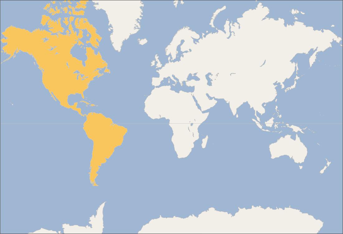 A map of the world is shown. The continents of North and South American are highlighted orange.