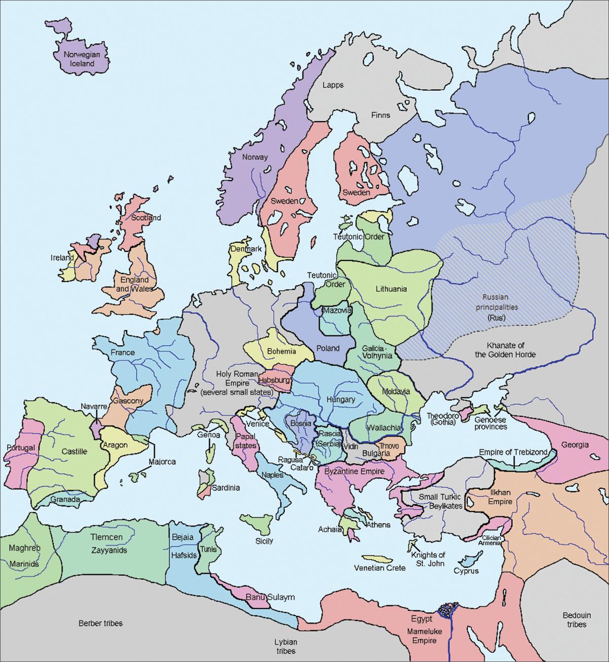 A map is shown with water in blue and the land in multiple colors. From the north to the south, these locations are labelled with their colors: Norwegian Iceland (purple), Lapps and Finns (Gray), Norway (purple), Sweden (pink), Scotland (pink), Ireland (lime green), England and Wales (orange), Denmark (lime green), Teutonic Order (green), Lithuania (lime green), Russian principalities (Rus) (blue and gray stripes), Mazovia (light blue), France (light blue), Bohemia (yellow), Poland (dark blue), Gallicia-Volhyia (green), Khanate of the Golden Horde (gray), Holy Roman Empire (several small states) (gray), Habsburg (orange), Gascony (orange), Hungary (light blue), Moldavia (lime green), Theodoro (Gothia) (pink), Genoese provinces (lime green), Portugal (pink), Castille (lime green), Granada (light blue), Navarre (purple), Aragon (yellow), Majorca (green), Genoa (green), Sardinia (gray, green, lime green, and orange), Papal states (pink), Venice (lime green), Naples (light blue), Sicily (green), Bosnia (dark blue), Ragusa (yellow), Cataro (yellow), Rascia (Serbia) (green), Vidin and Bulgaria (gray), Wallachia (green), Trnovo (orange), Empire of Trebizond (green), Georgia (pink), Byzantine Empire (pink), Achaia (lime green), Athens (light blue), Small Turkic Beylikates (gray), Ilkhan Empire (orange), Cillician Armenia (pink), Venetian Crete (lime green), Knights of St. John (lime green), Cyprus (light blue), Maghreb Marinida (green), Tlemcen Zayyanida (dark green), Bejaia Hafsids (light blue), Tunis (dark green), Banu Sulaym (pink), Berber (Amazigh) tribes and Lybian tribes (gray), Egypt and Mameluke Empire (dark orange), and Bedouin tribes (gray).