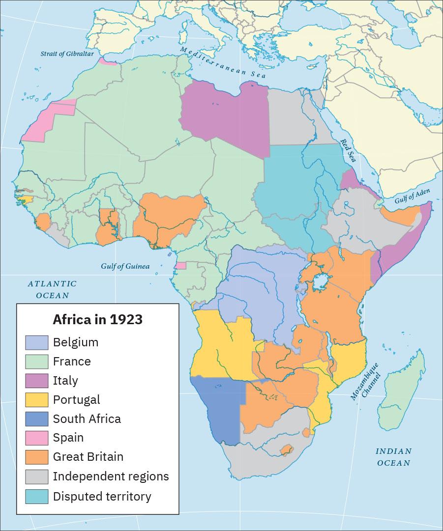 The map is titled “Africa in 1923.” Central Africa is labeled Belgium. Madagascar and the northwest fourth of Africa is labeled France. Some of north Africa and some of the coast of the horn of Africa are labeled Italy. The southeast coast along the Mozambique Channel and part of the southwest coast are labeled Portugal. Part of the southwest coast is labeled South Africa. A piece of the northwest coast is labeled Spain. Parts of west Africa and east central Africa are labeled Great Britain. South Africa, the region of Egypt, and most of inland horn of Africa are labeled Independent regions. A region south of Egypt is labeled Disputed territory.