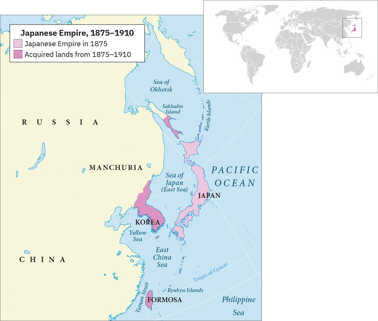 Two maps are shown. The smaller map at the top right shows the world, with Japan, Korea, and Formosa highlighted in pink. The larger map in the lower left shows the countries of Russia, Manchuria, China, Japan, Korea, Formosa, the Ryuku Islands north of Formosa, and the Kurile Islands north of Japan. The map is labeled “Japanese Empire, 1875–1910.” All of Japan is highlighted light pink indicating “Japanese Empire in 1875.” All of Korea, the island of Formosa, and half of the island Sakhalin, north of Japan, are highlighted dark pink indicating “Acquired lands from 1875–1910.”