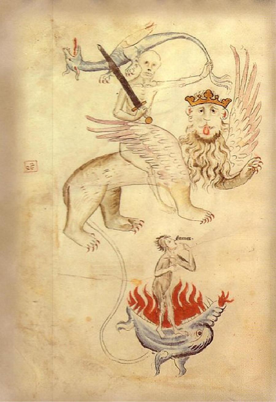 A drawing in a vertical rectangle is shown on a pale yellow faded and stained background. At the top of the image, a person with skeletal features is sitting atop a winged lion like animal. The skeletal figure has deep hallowed eyes, teeth in a straight row, and ribs showing at the torso. They hold a large brown sword in their right hand and the tail of a faded blue flying serpent in their left. The serpent has short yellow wings, long red tongue and large claws. The lion has large feathered pale pink and yellow wings, a long wavy mane extending from their chin, a red tongue sticking out, and wears a gold crown. The lion’s tail curls to the bottom of the image and connects with a blue, black and white two legged beast with fire emanating from its large wide open mouth and snout nostril. Sharp teeth are seen in the mouth and a white beard hangs from its chin. A person stands on the corner of the creature’s mouth. He is colored brown and has dark brown projections coming out the back of his head. His right hands is bent at the elbow and his left hand points to his mouth. A word is written next to his mouth.