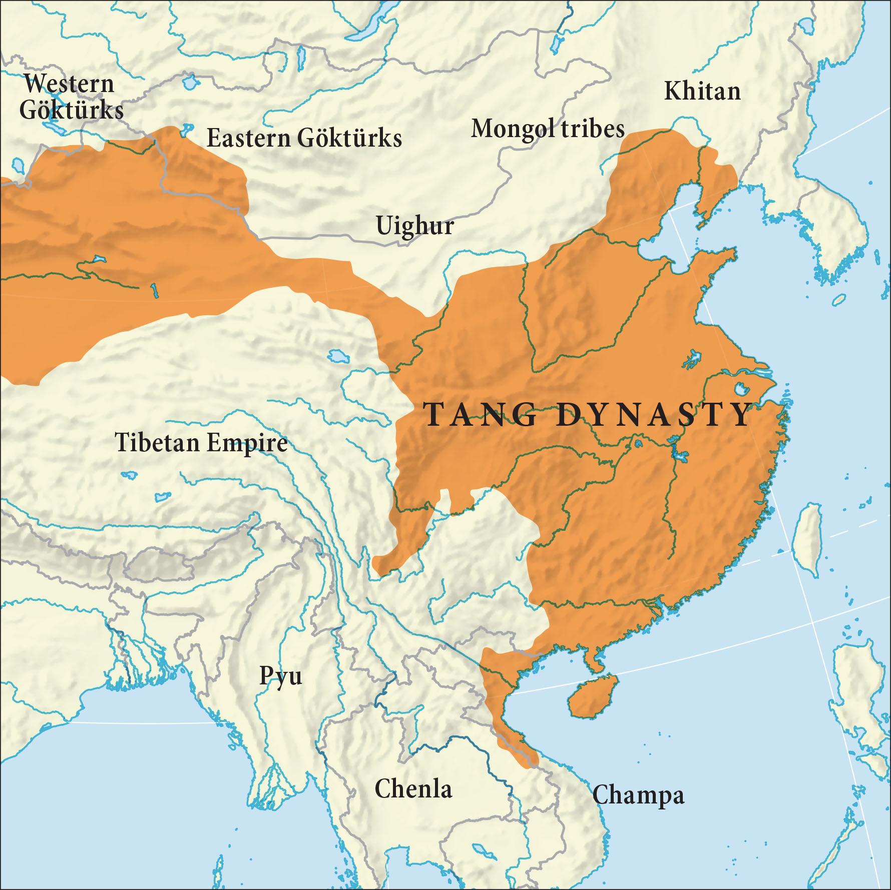 A map is shown with land highlighted in beige and water in the southwest and the east in blue. Along the north, these regions are labelled, from west to east: Western Gokturks, Eastern Gokturks, Uighur, Mongol tribes, and Khitan. Along the south, these regions are labelled, from west to east: Pyu, Chenla, and Champa. An area in the west is labelled Tibetan Empire. A round area on the east coast connected to a small round area in the west by a thin strip of land is highlighted orange and labelled “Tang dynasty.”