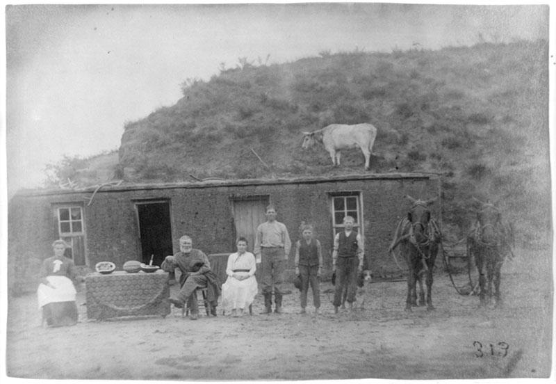 A black and white photograph of a family gathered outside of a dug out house. A cow stands on the roof of the house, which is dug out of the slope behind it. The front of the house is plain, with three windows and an open doorway. The two oldest members of the family, presumably the mother and father, sit in front of the house at a table with a tablecloth spread across it and a cut watermelon on top. Beside them sits a girl in a white dress. Beside her stand three boys, a dog, and a team of harnessed horses.