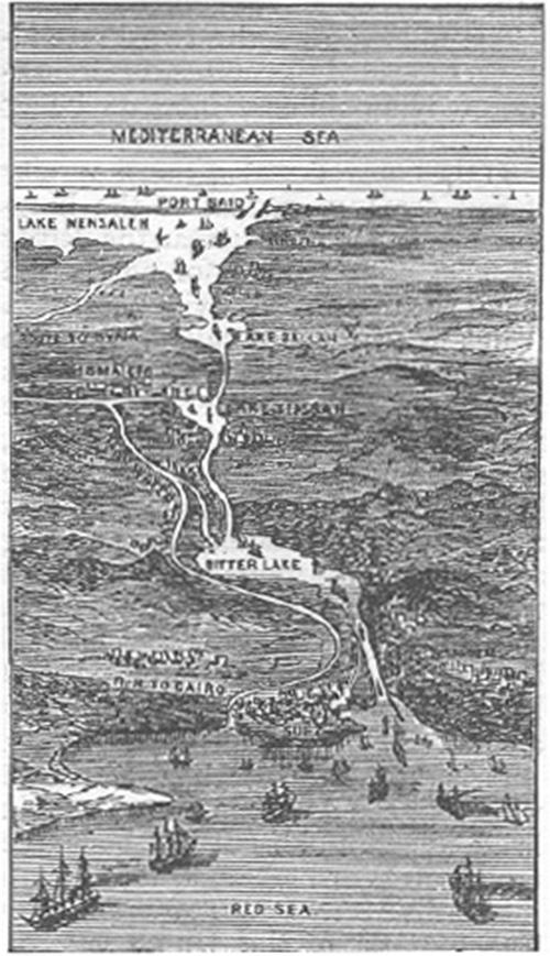 A drawing shows the Mediterranean Sea at the top with small ships drawn in its lower portion at Port Said. A small opening leads from Port Said to Lake Mensalem where more boats are drawn in the water. The water is shown running down the middle of the drawing past the city of Ismailia on the left and Lake Timsah on the right and into Bitter Lake, passing Cairo on the left and going down. The city of Suez is on the left, then the water spills out into the Red Sea at the bottom where more ships are shown in the water. Land with hills and farmland is drawn on either side of the waterway throughout the drawing.