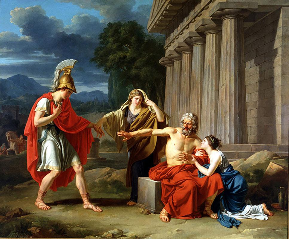 Painting depicting Oedipus and three other ancient Greek figures.