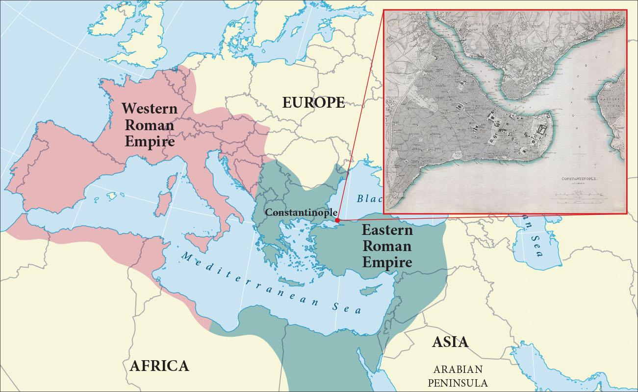 A map is shown with an inset on the right. The map on the left has Europe labeled at the top and Africa and Asia labeled along the bottom with the Mediterranean Sea in the middle. A sliver of north Africa along the Mediterranean Sea is highlighted pink along with Portugal, Spain, France, Belgium, small western and southern parts of Germany, Switzerland, Italy, Montenegro, Bosnia, Croatia, Slovenia, Austria, a small southern slice of the Czech Republic, a western area in Slovakia, the western portion of Hungary, a small northern portion of Serbia, and the western portion of Montenegro. This is labeled “Western Roman Empire.” A northeastern sliver of Africa along the Mediterranean is highlighted green along with a small northern portion of Jordan, Israel, Lebanon, most of Syria, the western three fourths of Turkey, Bulgaria, Greece, Kosovo, most of Serbia, small slices of southeastern and southwestern Romania, Albania, a small southeastern portion of Bosnia and Macedonia. This is labeled “Eastern Roman Empire. The city of Constantinople is labeled. The city is then shown in an inset to the right. This inset is gray in color and shows the city along the Black Sea with various black squares along the waterways. The inset is labeled “Constantinople.”