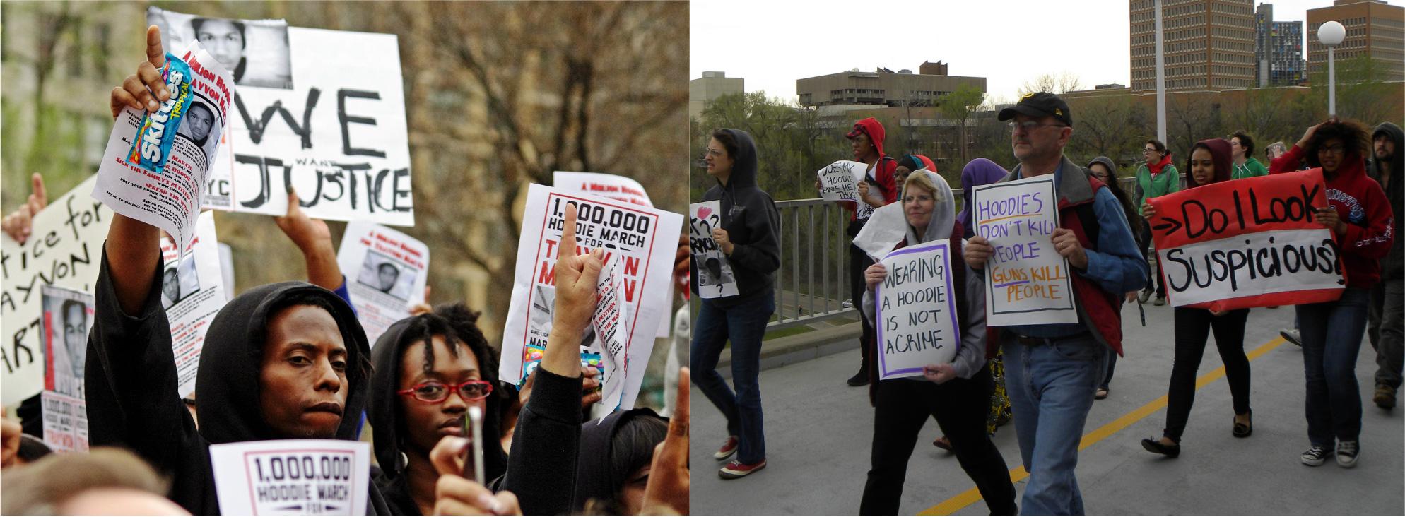 Two photographs show people holding signs at public events in response to Trayvon Martin’s death. The signs include words and messages such as, “Justice,” “Wearing a hoodie is not a crime,” “Hoodies don’t kill people; guns kill people,” and, “Do I look suspicious?”