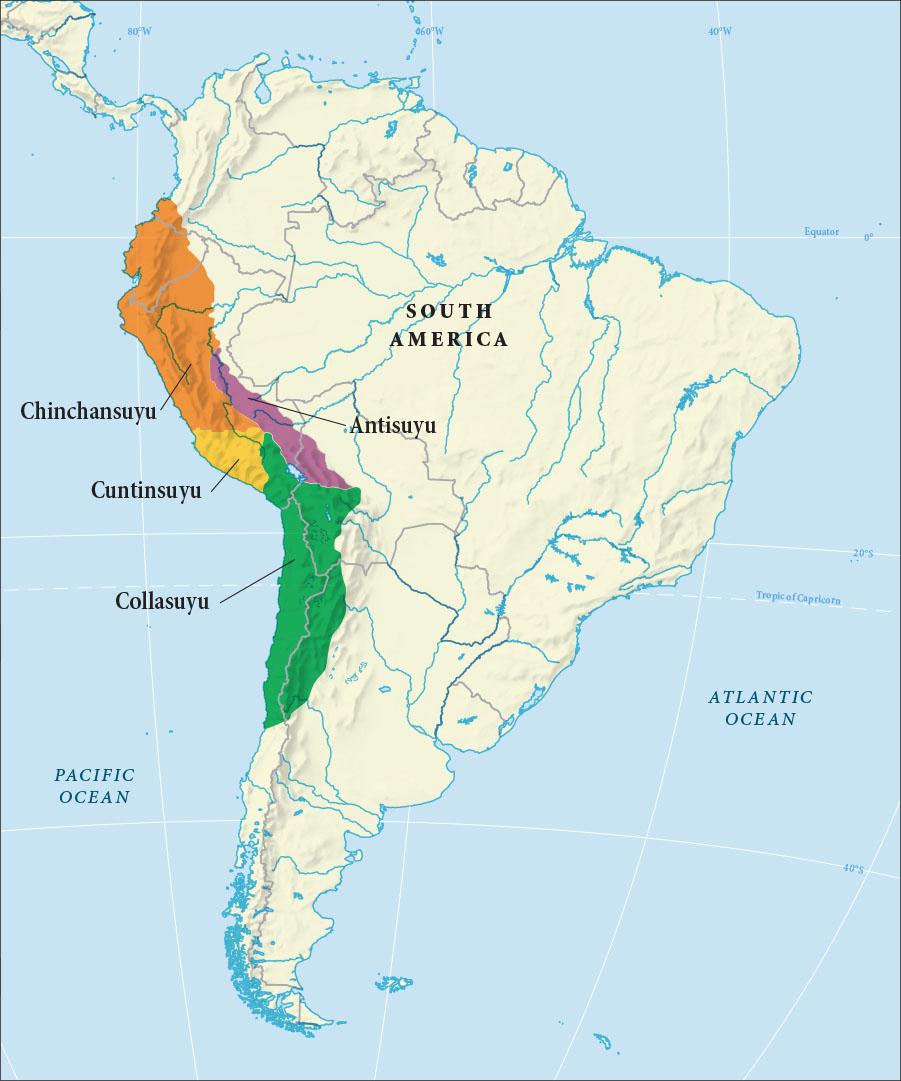 A map of South America is shown with blue and gray lines crisscrossing all over the continent. The Pacific Ocean is labeled to the west and the Atlantic Ocean is labeled to the east. The equator crosses the northern part of the continent, and the Tropic of Capricorn crosses the middle of the continent. Along the northwestern coast a large rectangle area is highlighted orange and labeled “Chinchansuyu.” South of that along the coast is a small triangular shaped area highlighted yellow labeled “Cuntinsuyu.” Going east there is a long thin strip of land highlighted purple labeled “Antisuyu.” South of that is a large “Y” shaped area along the coast labeled “Collasuyu.”