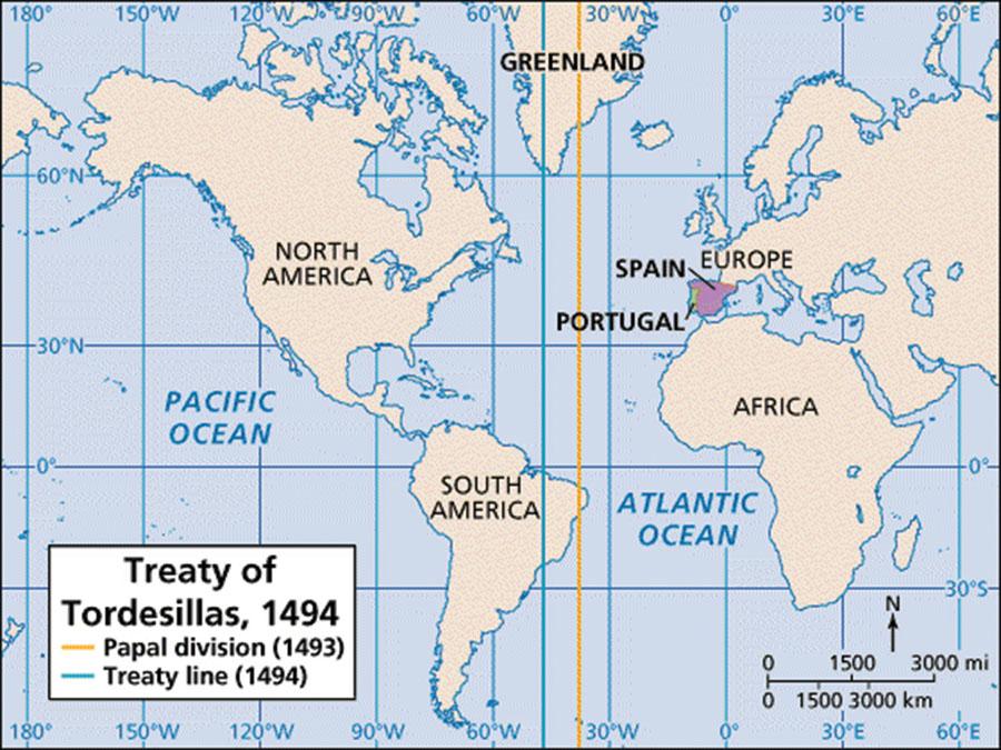 This map shows much of the world. Spain and Portugal in Europe are highlighted. The 1493 Papal division line runs horizontally, running through the middle of Greenland, the middle of the Atlantic Ocean, and the eastern-most tip of South America. The 1494 Treaty line is a few more degrees west. It runs horizontally through west Greenland, the western Atlantic Ocean, and eastern South America.