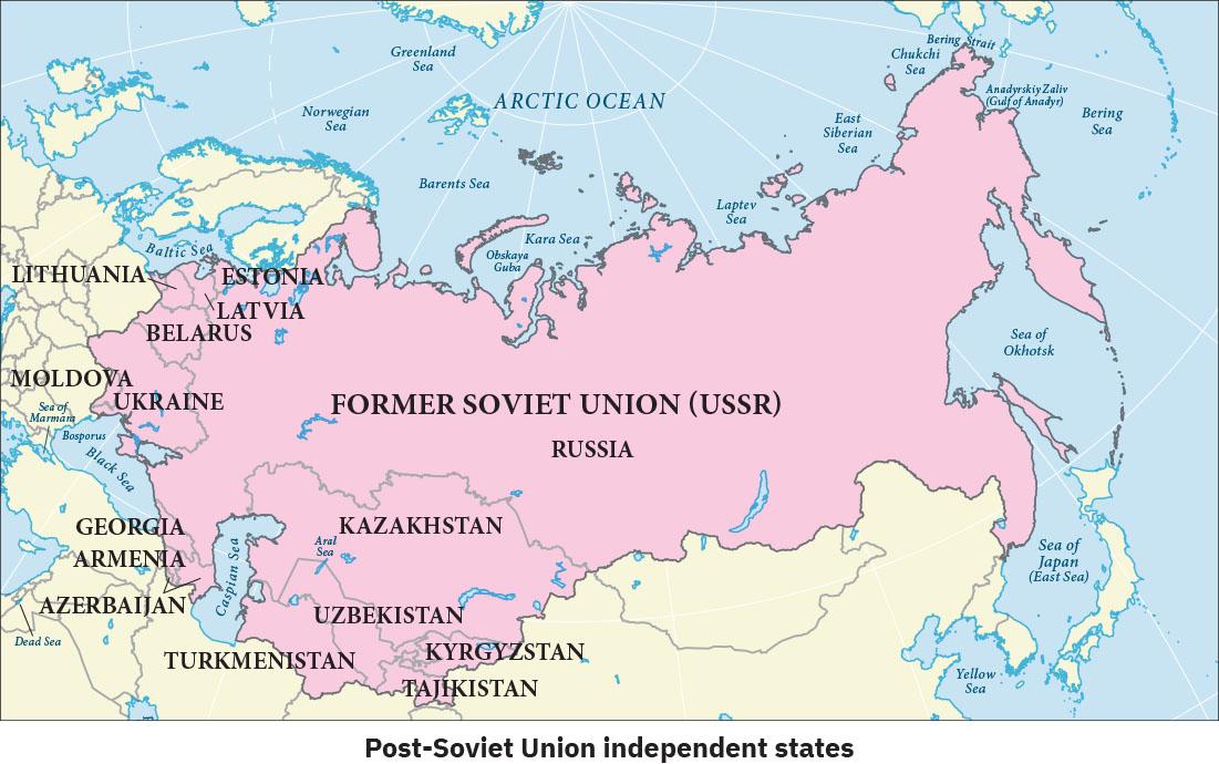 This map is titled “Post-Soviet Union Independent States.” It shows the region of the former Soviet Union. The post Soviet Union states of Armenia, Azerbaijan, Belarus, Estonia, Georgia, Kazakhstan, Kyrgyzstan, Latvia, Lithuania, Moldova, Russia, Tajikistan, Turkmenistan, Ukraine, and Uzbekistan are shown.