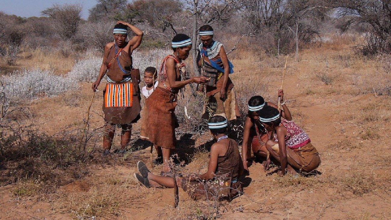 A picture of shown of seven people in a dried out, brown field with white bushes and brown trees in the distance. All of the people are dark skinned with short, black hair and brown cloths or furs around their waists. They wear a variety of brown or colorfully patterned tops and all but one wear a blue, black, and white striped headband on their head. The man on the left stands with one hand on his head and the other holding a walking stick. A small boy stands next to him, wearing a white collar, obscured by a woman in front of him holding an object in both her hands. Another person stands next to her looking at the object. One person sits on the ground in front, while two squat to the right, all looking at the ground.