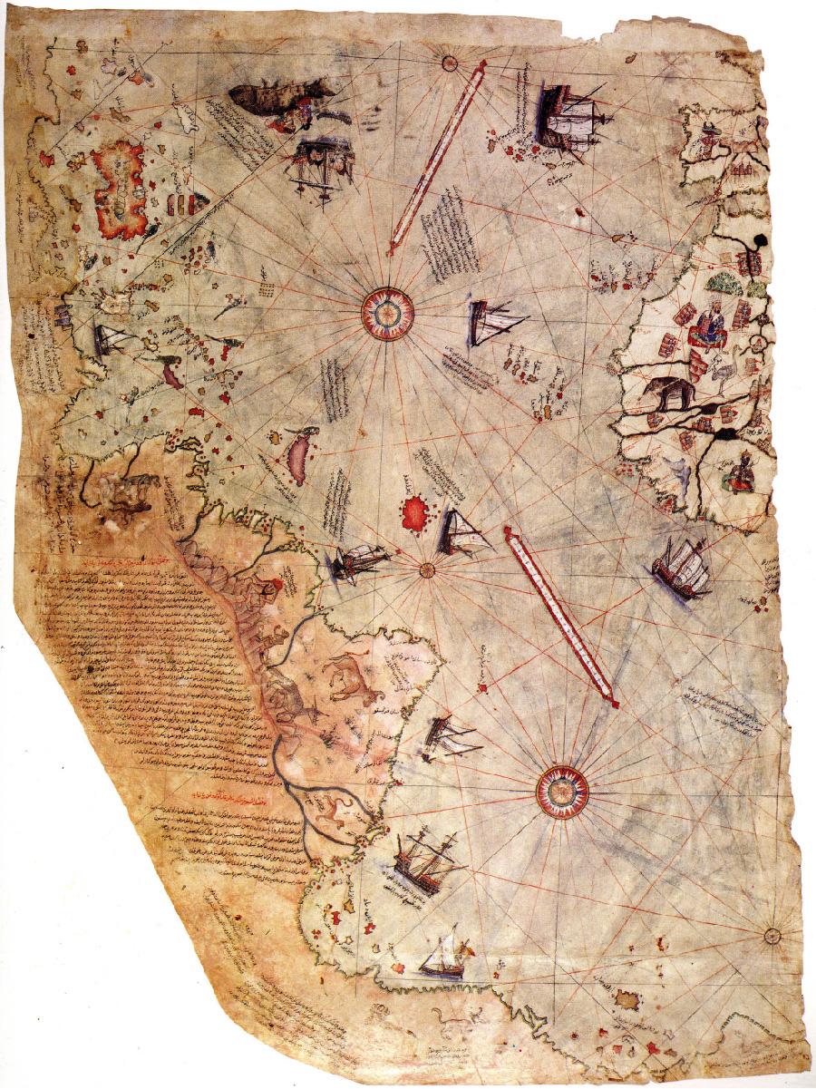 A rectangular fragment of a map is shown with torn, worn edges and stains. The Atlantic Ocean, Europe, Africa, and Brazil are shown. Images of ships appear in the waters. On land, images of animals, people, terrain, and buildings are shown. Script appears along the left edge of the map. Lines are drawn throughout the map leading to and from circles on the map.