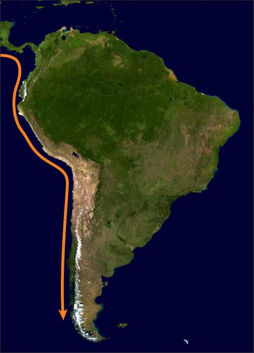 A topographical map of South America. Along the western coast the land is brown and white along the southern portion of the coastline. An orange arrow runs from the western top of the map in the blue area, down along the western coast to almost the southern tip.