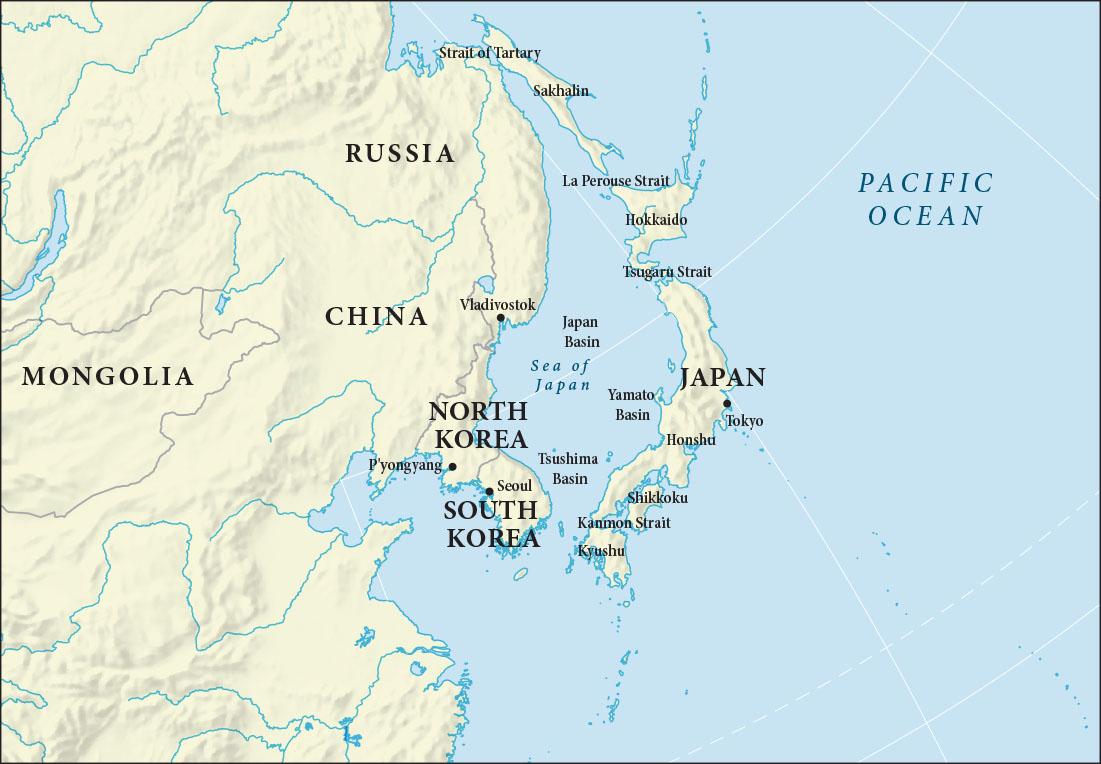 A map is shown with land in beige and water in blue. Mongolia is labelled in the west and Russia, China, North Korea, and South Korea are labelled in the middle and Japan is labelled in the east. The Pacific Ocean is labelled in the east and the Sea of Japan is labelled between China and Japan. Along the coast of the Sea of Japan, the city of Vladivostok is labelled in southeastern Russia. P’yongyang is labelled in North Korea and Seoul is labelled in South Korea. The city of Tokyo is labelled on Japan’s east coast. In Japan, form the north to the south, these areas are labelled: Strait of Tartary, Sakhalin, La Perouse Strait, Hokkaido, Tsugaru Strait, Honshu, Shikkoku, Kanmon Strait and Kyushu. In the Sea of Japan these labels are shown: Japan Basin, Yamato Basin, and Tsushima Basin.