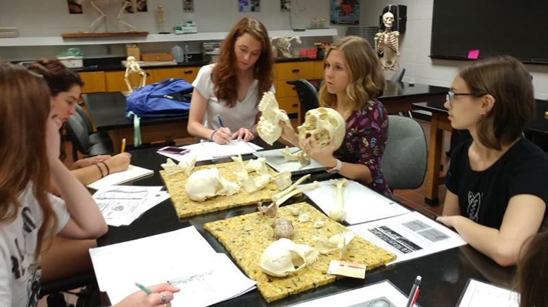 A group of women sit around a table. One holds a skull and addresses the others.