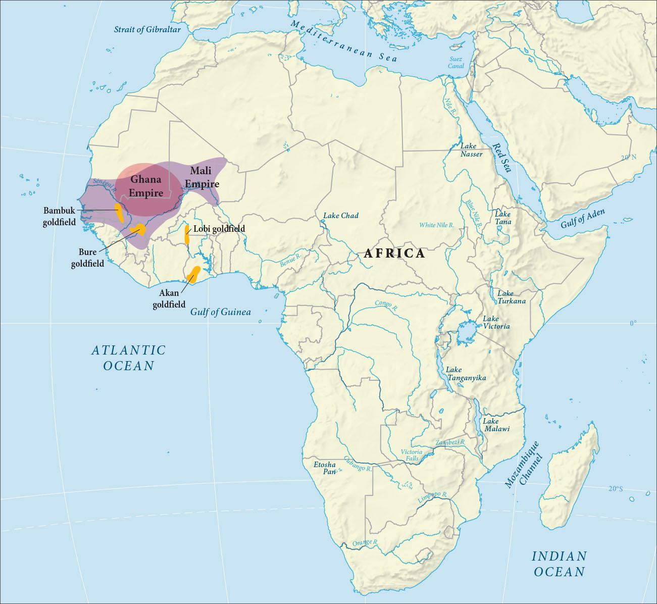 A map of Africa is shown with land highlighted beige and water highlighted blue. The Mediterranean Sea and the Strait and Gibraltar are shown in the north along with the Suez Canal. The Atlantic Ocean and the Guld of Guinea show in the west, and the Indian Ocean and the Mozambique Channel show in the southeast. The Red Sea, and the Gulf of Aden are shown in the east. The following waters are labelled in Africa, from north to south: Nile R., Lake Nasser, Lake Tana, Blue Nile R., White Nile R., Lake Chad, Senegal R., Benue R., Lake Turkana, Congo R., Lake Victoria, Lake Tanganyika, Lake Malawi, Zambezi R., Victoria Falls, Cubango R., Limpapo R., and the Orange R. In the western part of Africa a large area is highlighted purple and labelled “Empire of Mali.” An oval area in the middle of the purple is highlighted orange and labelled “Ghana Empire.” Four small areas – two in the purple area and two north of the Gulf of Guinea- are highlighted gold and labelled, from north to south: Bambuk goldfield, Bure goldfield, Lobi goldfield, and Akan goldfield.