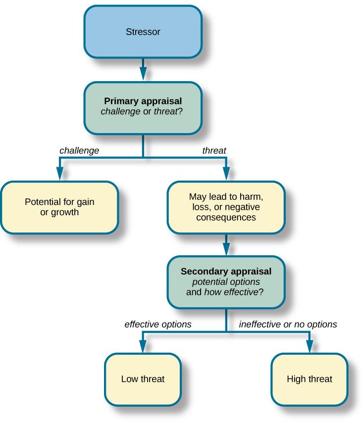 A concept map begins with a box titled “Stressor” at the top with an arrow underneath that leads to a box labeled “Primary appraisal: challenge or threat?” Below “Primary appraisal: challenge or threat?” is a line leading to the word “challenge” on the left side and “threat” on the right side. Below the word “challenge” is a box labeled “Potential for gain or growth.” There are no additional lines, arrows, or boxes under “Potential for gain or growth.” Below the word “threat,” there is a box labeled “May lead to harm, loss, or negative consequences.” Underneath the box, there is an arrow leading to another box labeled “Secondary appraisal: potential options and how effective?” The box has a line underneath that leads to the words “effective option” on the left side and “ineffective/no option” on the right side. Below the words “effective option,” there is an arrow leading to a box labeled “Low threat.” Below the words “ineffective/no option,” there is an arrow leading to a box labeled “High threat.”