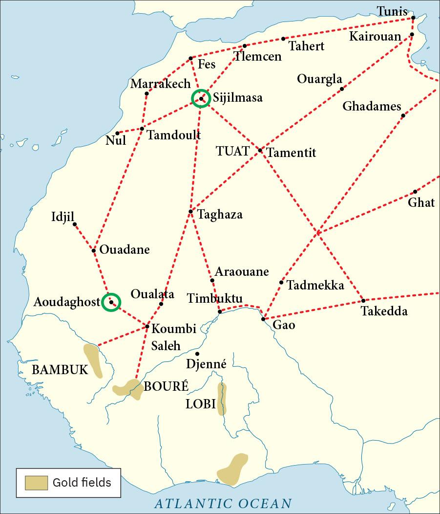 A map of northwest Africa is shown. In the western portion of the map, there are gold-colored sections by the regions of Bambuk, Boure, and Lobi and south of Lobi indicated. These are identified in the key as ‘Gold Fields.’ Starting at the north of the continent and heading south, the cities of Tunis, Kairouan, Tahert, Tlemcen, Fes, Marrakech, Nul, Tamdoult, Sijilmasa, Ouargla, Ghadames, Tamentit, Ghat, Takedda, Gao, Tadmekka, Timbuktu, Araouane, Taghaza, Araouane, Idjil, Ouadane, Aoudaghost, Oualata, Koumbi, and Saleh are labeled and connected with dotted lines. The City of Djenne is labeled as well as the region of Tuat. Aoudaghost and Sijilmasa are circled.