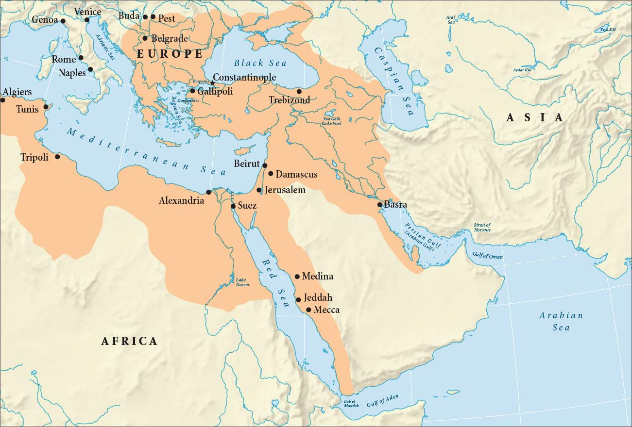 A map showing parts of southern Europe, northeastern Africa, and southwestern Asia is shown. The cities of Genoa, Venice, Rome, and Naples are labeled in Italy. A highlighted area stretches from the cities of Buda and Pest in Europe, down through Belgrade, circling the Black Sea in a thin strip in the north, through Constantinople, and Trebizond extending to the Caspian Sea. The area extends south to Beirut, Damascus, and Jerusalem. A small strip branches to the east through the city of Basra and south along the Persian Gulf (Arabian Gulf.) At Jerusalem, the highlighted area heads south to Suez along the eastern border of the Red Sea down through Medina, Jeddah, Mecca, and extending to the tip of Arabia. From Suez the area extends west into the northern portion of Africa through Alexandria (and south toward Lake Nasser), Tripoli (and an oval area south), Tunis, and Algiers.