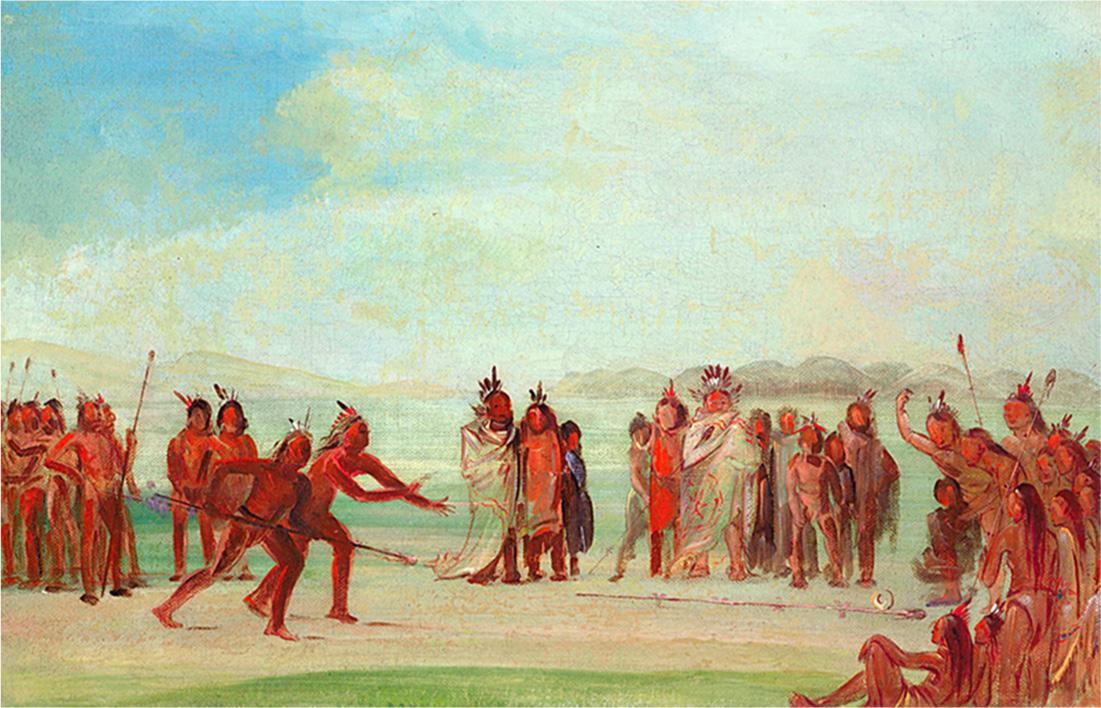 An image of a painting is shown. In the painting a large group in standing in a circle in smaller clusters watching two figures in the middle throw long, thin sticks on a green grassy area with mountains in the far background and a green, yellow, and blue hazy sky. All of the figures are colored reddish and most wear just loincloths which blend in with their skin colors. Most have feathers in their hair. A group on the left holds long thin sticks as do a few in the group on the far right. Two figures in the middle wear long light colored robes with red designs. Some figures sit on the ground in the right forefront of the image. Dots represent eyes and short lines represent mouths on a few of the figures, but most show no facial features.