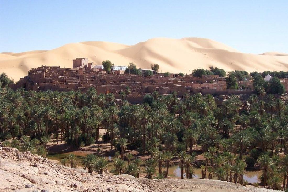 This photograph shows a cluster of green trees in front of a city with brown buildings and sparse trees. Sand hills are located in the background and a blue sky. In the foreground there is rough, dry, sand-colored land.