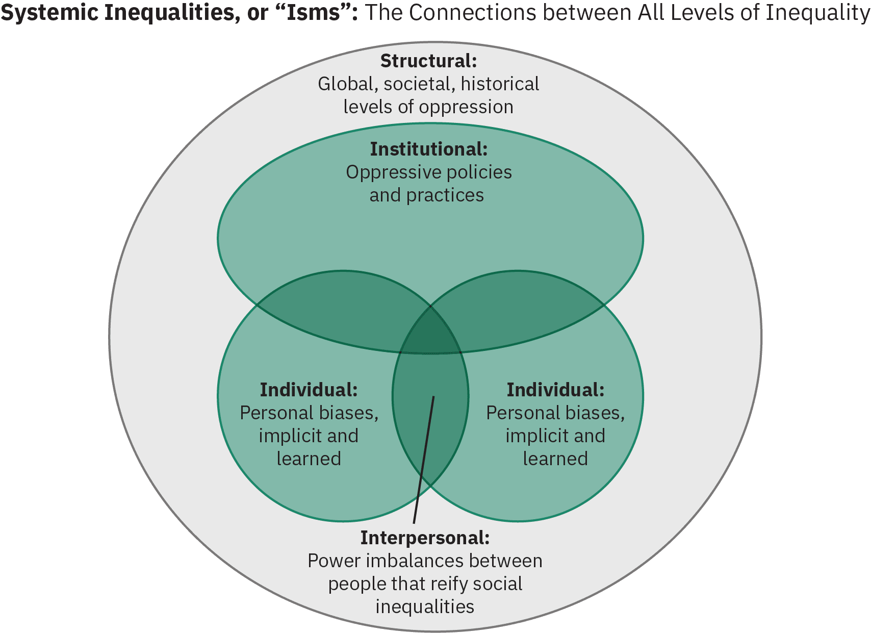 Diagram consisting of the following elements: 1) Two interior, overlapping circles, each labelled “Individual” and containing the text “personal biases/implicit and learned”; 2) The space where the two “Individual” circles overlap, labeled “Interpersonal” and containing the text “Power imbalances between people that reify social inequalities”; 3) An oval partially overlapping the Individual circles labelled “Institutional” and containing the text “Oppressive policies and practices”; 4) A circle encompassing all other elements and labelled with the text “Structural: Global, societal, historical levels of oppression”; 5) A label above the large circle reading “Systemic Inequalities: Systemic “isms” - the connection between all levels of inequality.”