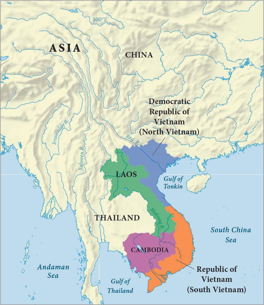 The map of southeast Asia shows China, Thailand, Laos, Cambodia, the Republic of Vietnam (South Vietnam), and the Democratic Republic of Vietnam (North Vietnam). Laos is highlighted green; Cambodia is highlighted purple; the Democratic Republic of Vietnam (North Vietnam) is highlighted blue; the Republic of Vietnam (South Vietnam) is highlighted orange.