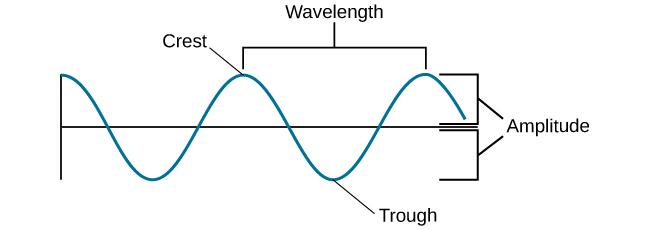 A diagram illustrates the basic parts of a wave. Moving from left to right, the wavelength line begins above a straight horizontal line and falls and rises equally above and below that line. One of the areas where the wavelength line reaches its highest point is labeled “Crest.” A horizontal bracket, labeled “Wavelength,” extends from this area to the next peak. One of the areas where the wavelength reaches its lowest point is labeled “Trough.” A vertical bracket, labeled “Amplitude,” extends from the center line to the “Crest” or from the center line to a “Trough.”