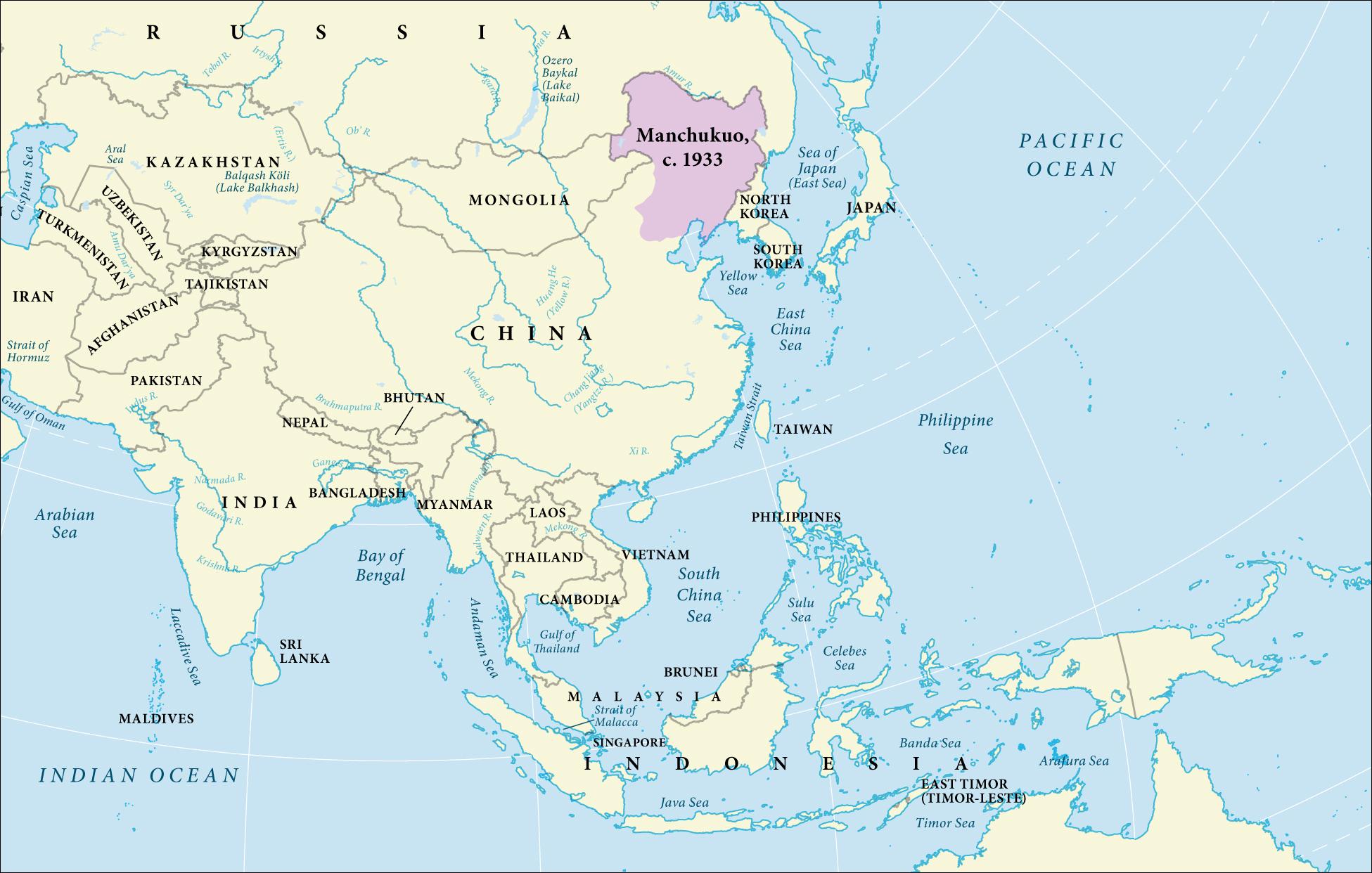 This map shows Asia and the Pacific region. Manchukuo is highlighted and borders Russia, Mongolia, China, and North Korea.