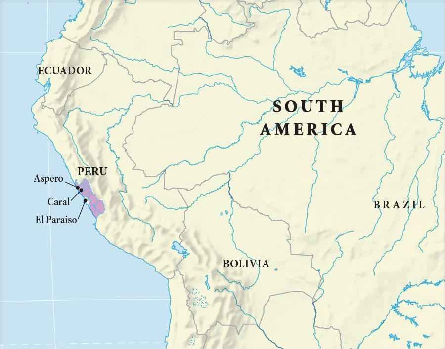 A map of the northwestern portion of South America is shown. In the west, the country of Peru is labeled. In Peru, a rectangle shaped piece of land on the western coast is highlighted purple and the cities of Aspero, Carol, and El Paraiso are labeled along the coast.