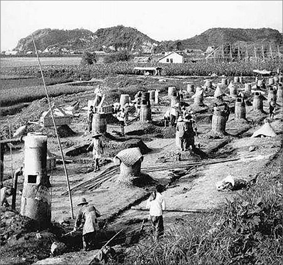 A photograph of a large field is shown with houses and hills in the background. In the foreground workers move about the field dressed in long shirts, pants, and large hats. There are many circular steel containers arranged in three rows in the field, some with square holes in them, some covered with pieces of cloth.