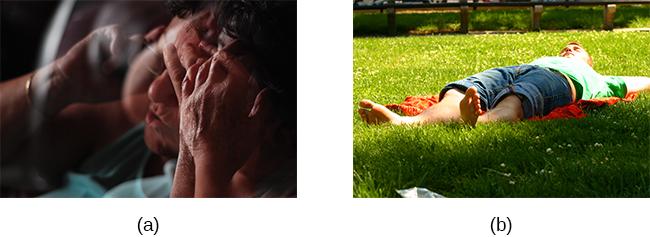 Photograph A is a distorted image of a person, head in hand, who appears stressed. Photograph B shows a barefoot person lying down on a blanket in the grass.