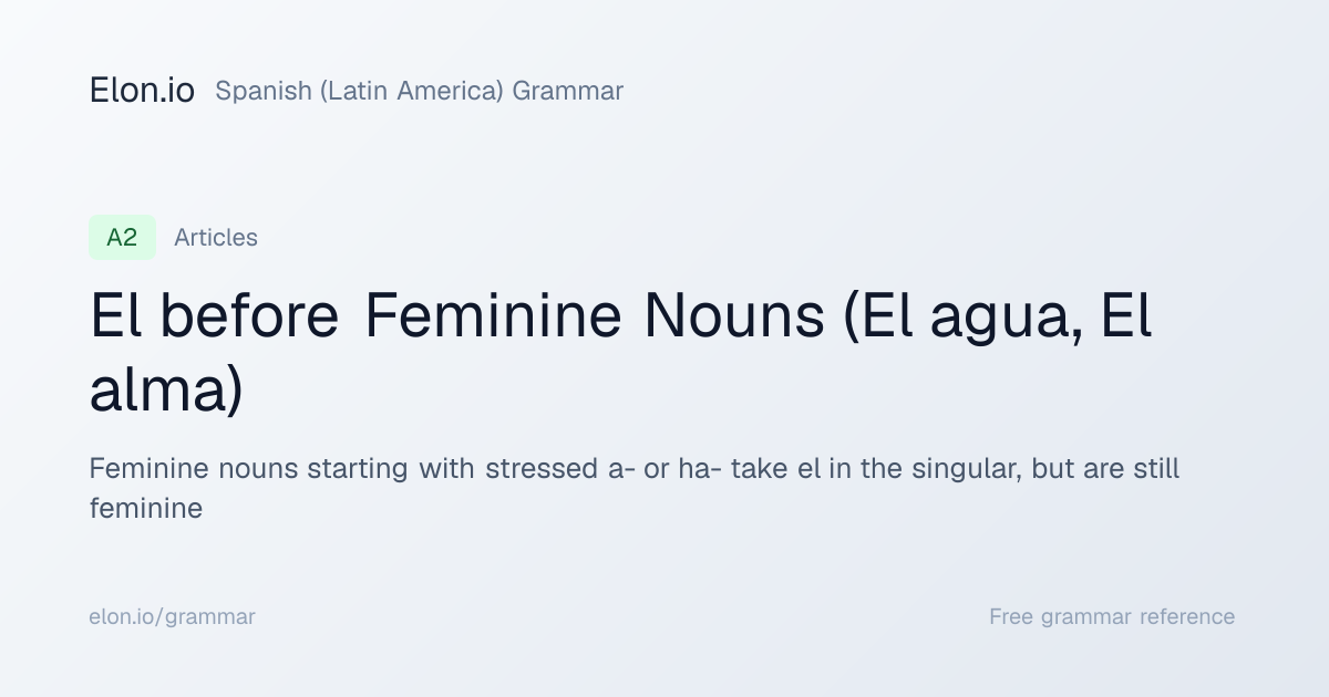 El before Feminine Nouns (El agua, El alma) | Spanish (Latin America ...