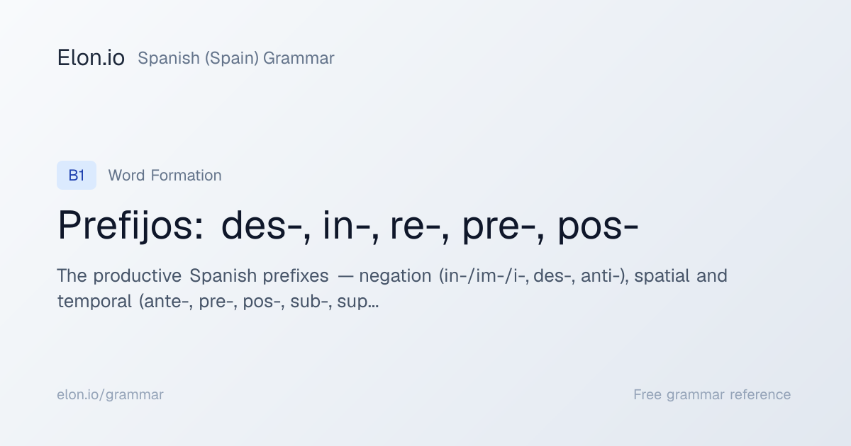 Prefijos: des-, in-, re-, pre-, pos- | Spanish (Spain) Grammar | Elon.io